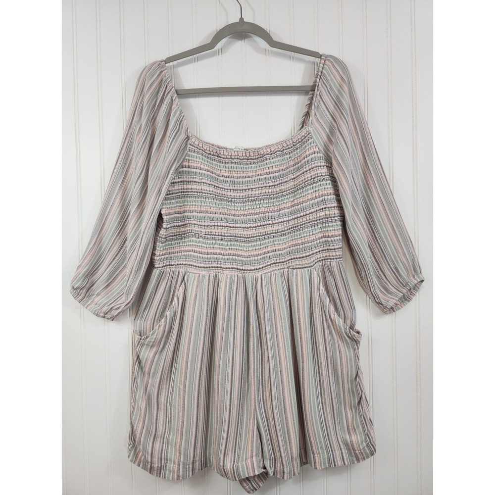 American Eagle‎ Striped Smocked Romper Large Square Neck 3/4 Sleeve Multi Color